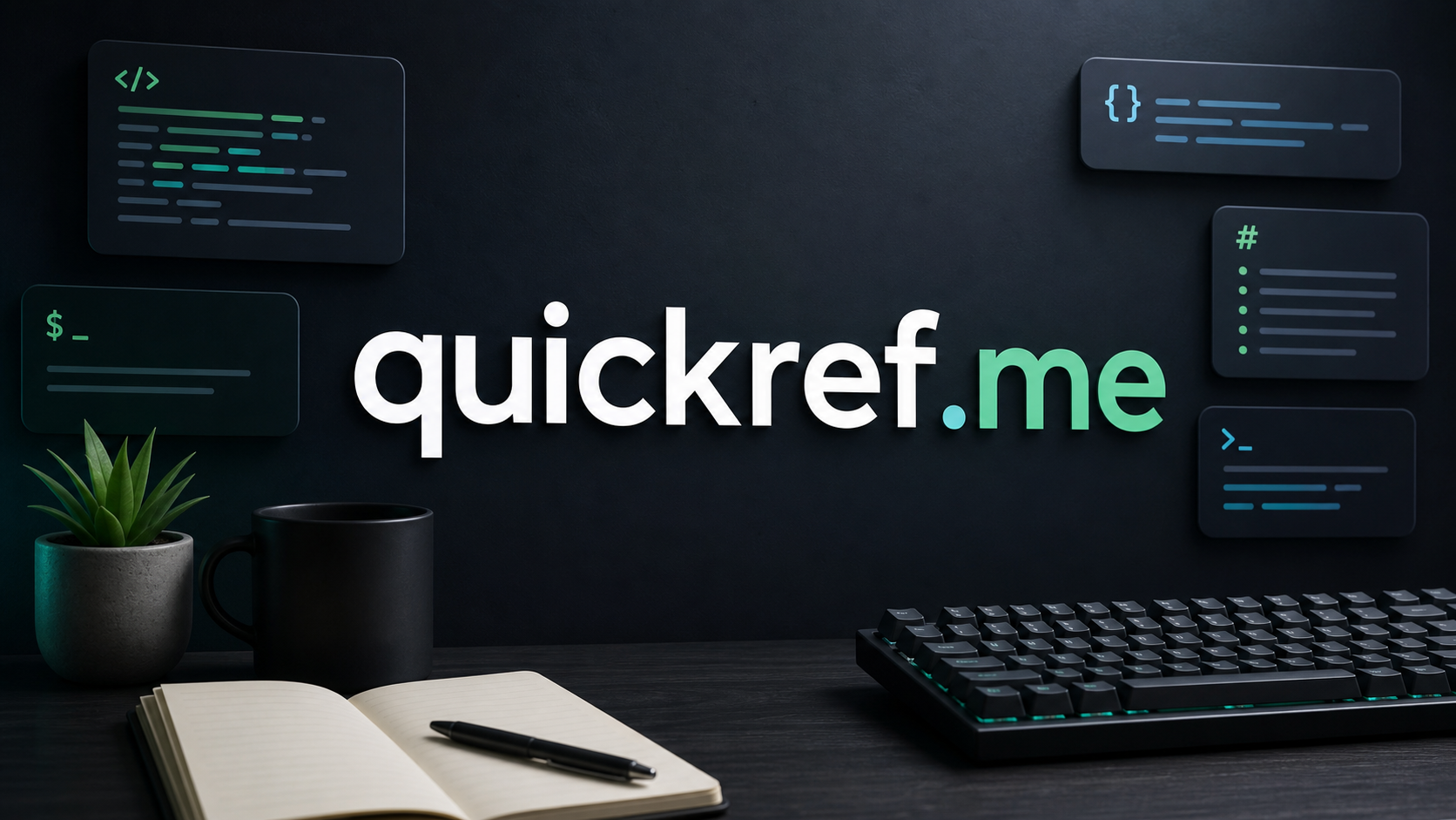 Dark developer desk illustration with the text quickref.me surrounded by small code reference panels